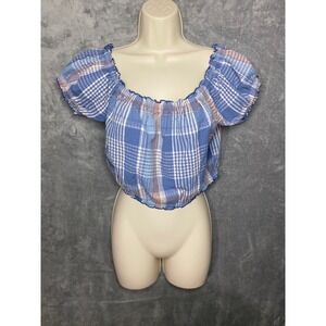 American Eagle‎ Outfitters Plaid Off The Shoulder Crop Top Puff Sleeve Blue M